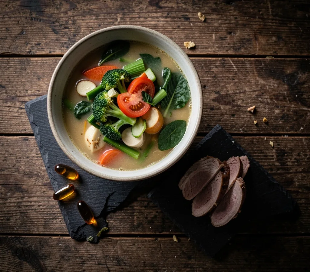 Balanced Indonesian meal on a dark plate