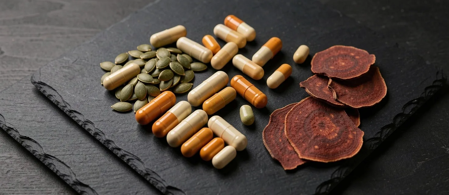 Natural supplement ingredients arranged on dark surface