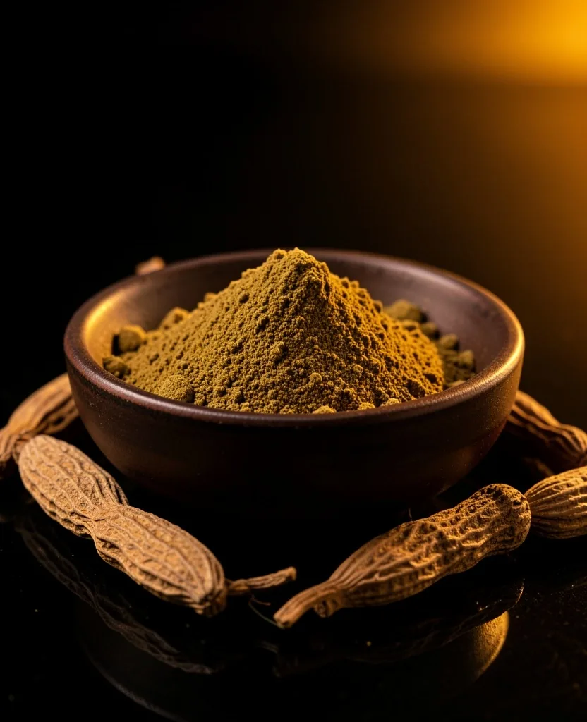 Ashwagandha root powder and whole roots in dark bowl