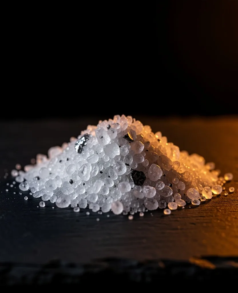 Crystalline mineral powder on dark surface