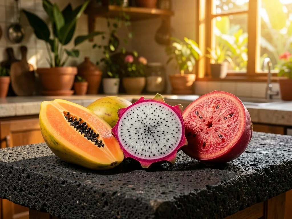 Fresh tropical produce on dark kitchen counter