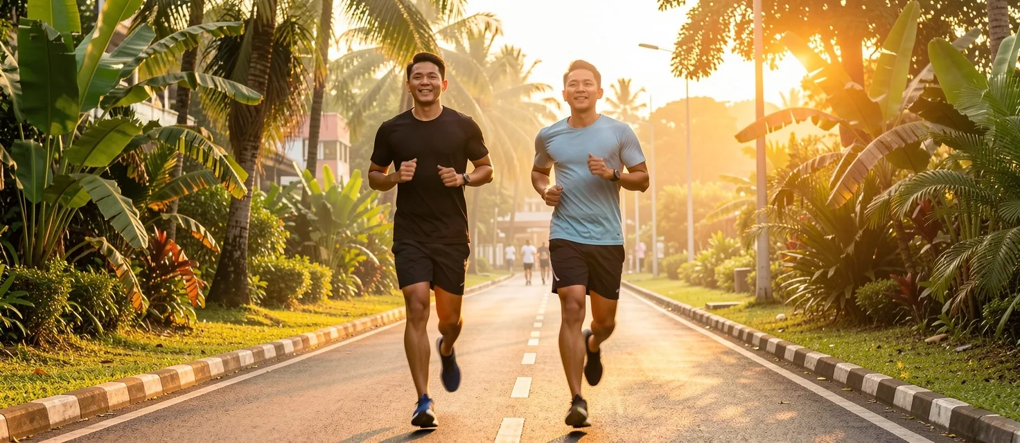 Two men jogging at dawn in Bandung