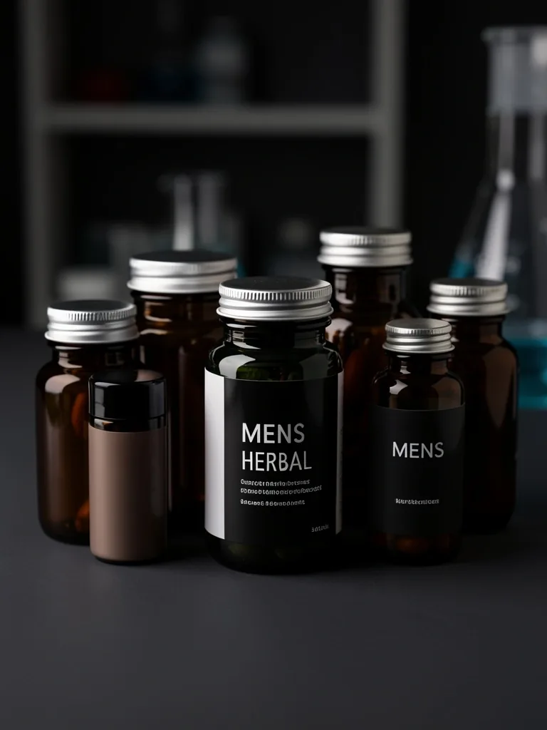 Amber supplement bottles arranged on a dark shelf