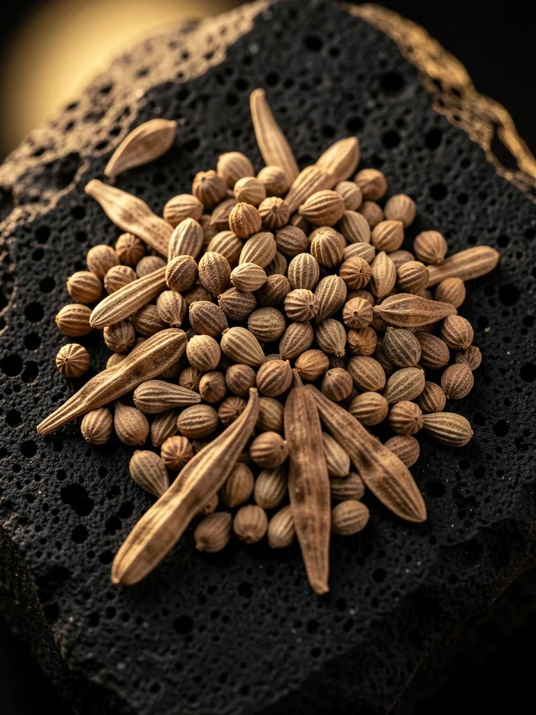 Fenugreek seeds and tribulus terrestris on a dark surface
