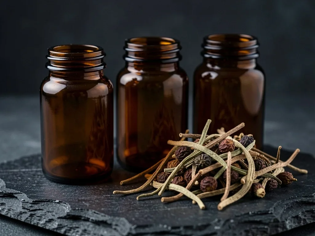 Amber glass containers with dried botanicals on a dark surface